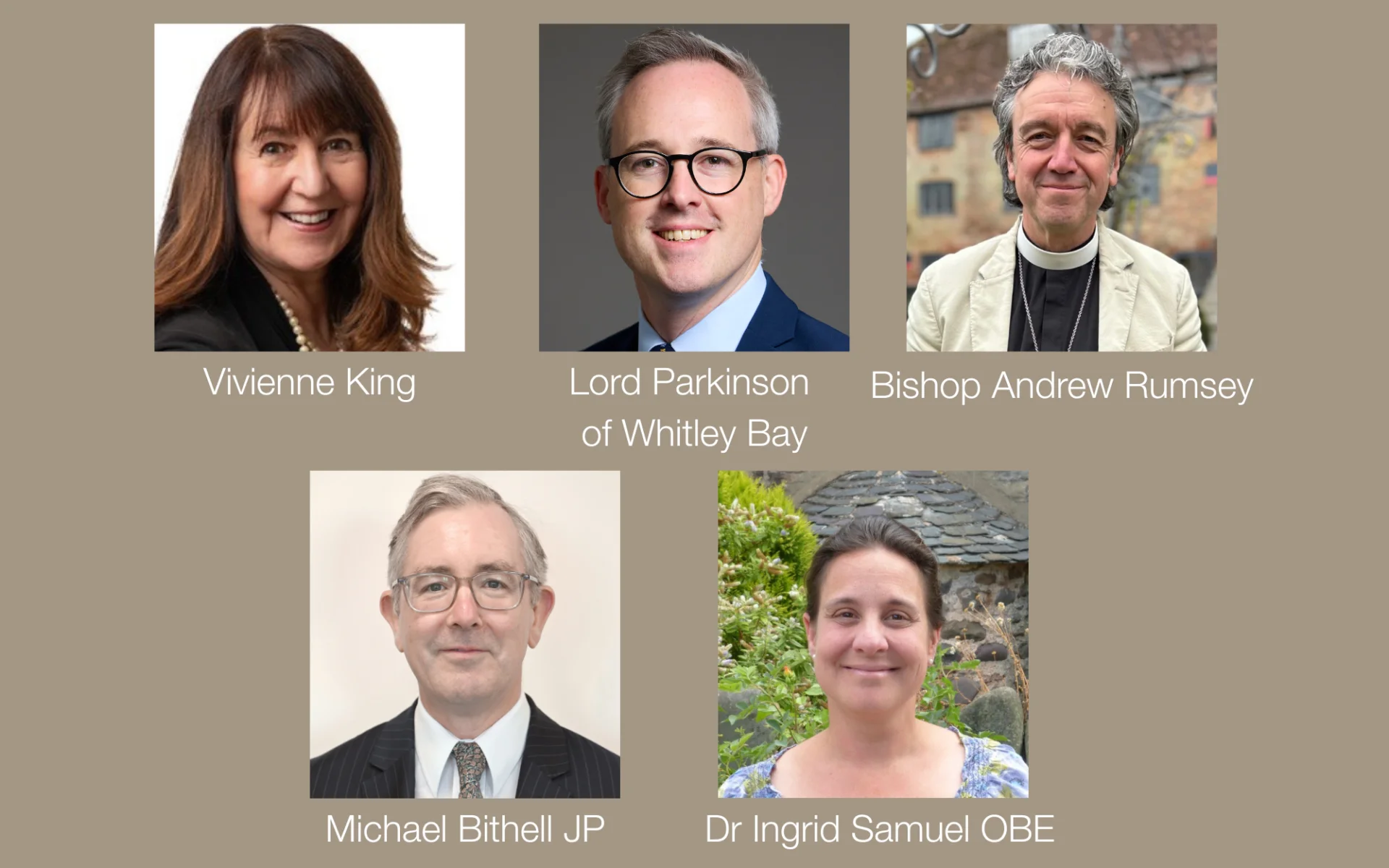A photo showing five portrait style images of CCT's new trustees, Bishop Andrew Rumsey, Vivienne King, Lord Parkinson of Whitley Bay, Michael Bithell JP, and Dr Ingrid Samuel OBE.
