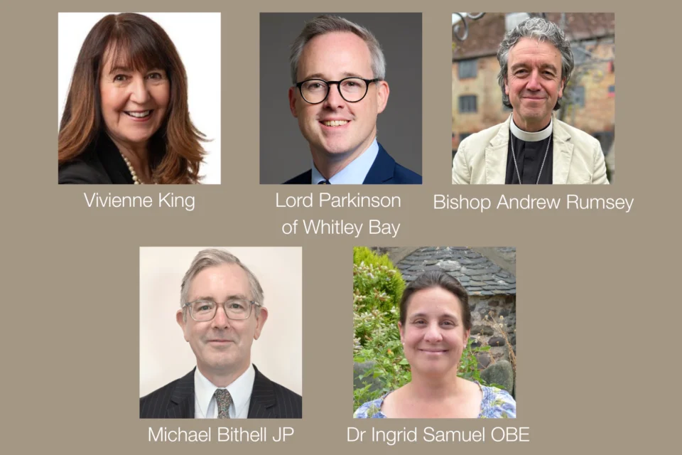 A photo showing five portrait style images of CCT's new trustees, Bishop Andrew Rumsey, Vivienne King, Lord Parkinson of Whitley Bay, Michael Bithell JP, and Dr Ingrid Samuel OBE.