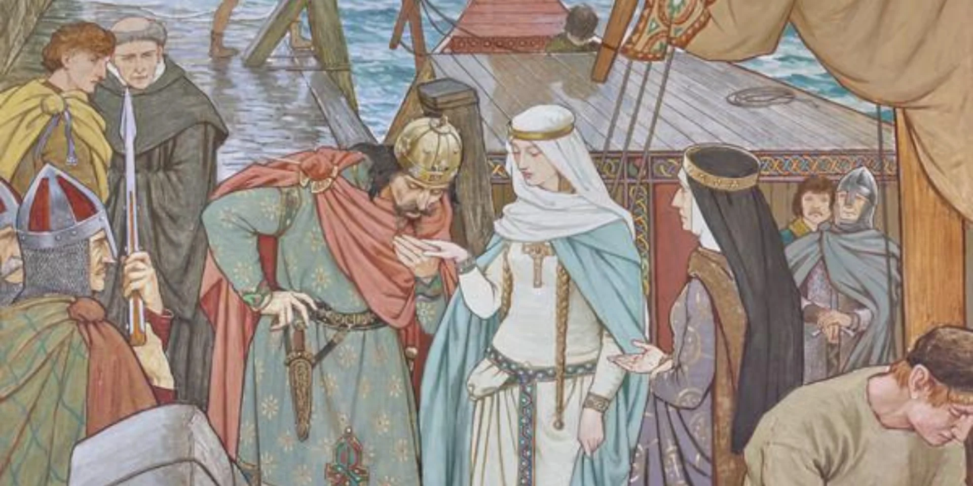 Mural showing a romantic rendering of Malcolm kissing Margaret's hand on her arrival in Scotland by ship.