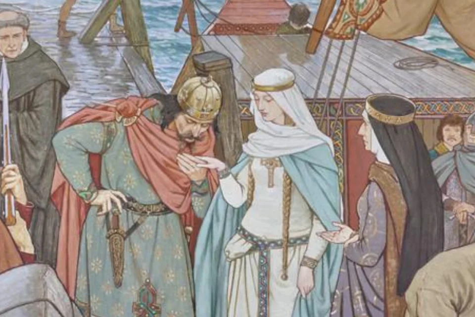 Mural showing a romantic rendering of Malcolm kissing Margaret's hand on her arrival in Scotland by ship.