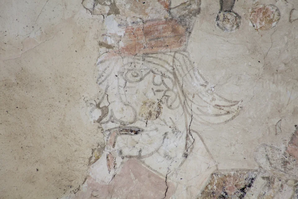 Photograph of a medieval wall painting of a jester representing the devil wearing a hat with bells. Only the jesters head and shoulders can be seen in this image, half of his face is missing due to the wall painting having delaminated from the wall.