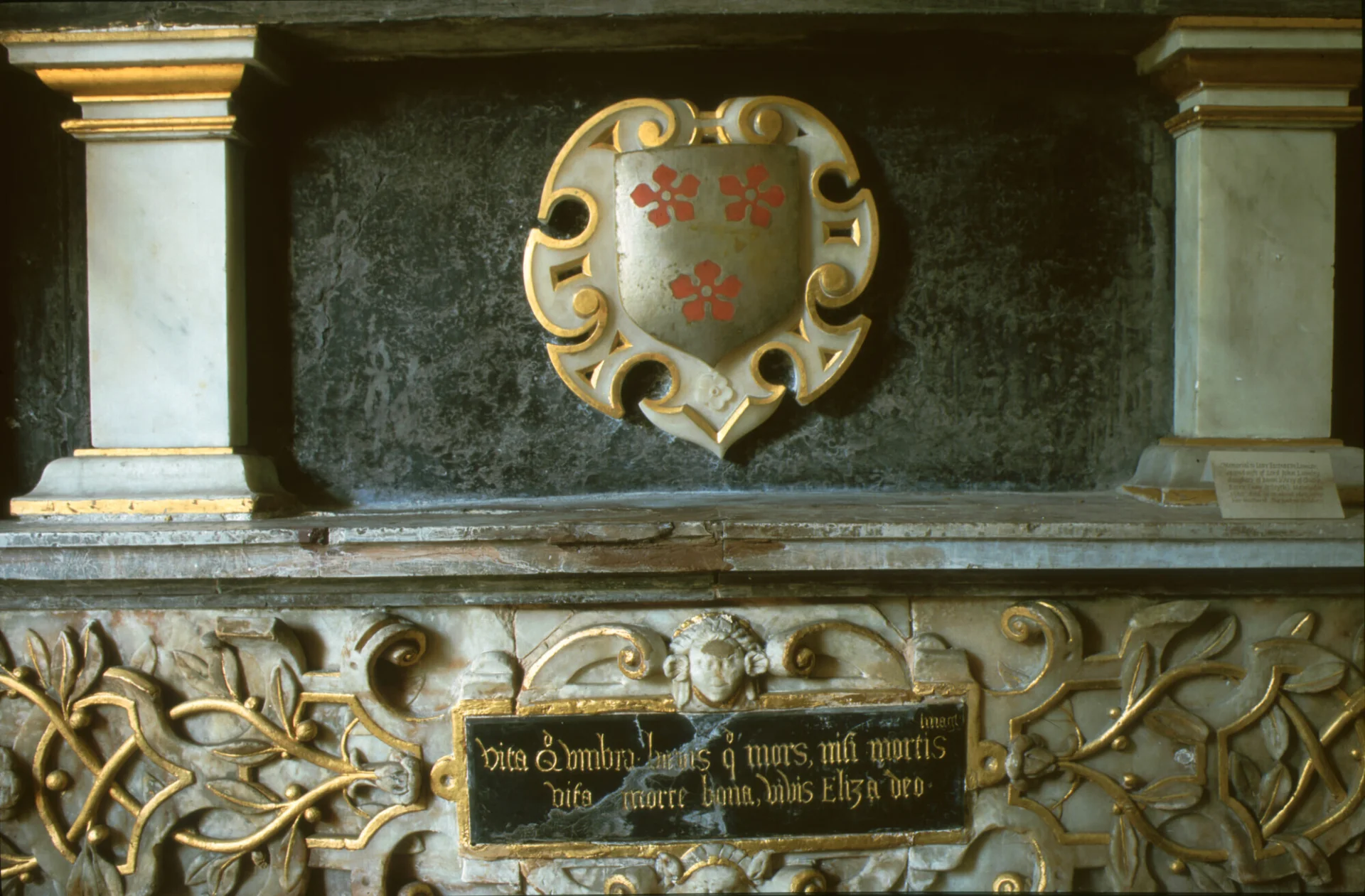 A coat of arms on a monument showing three red five-petalled flowers on a silver shield.