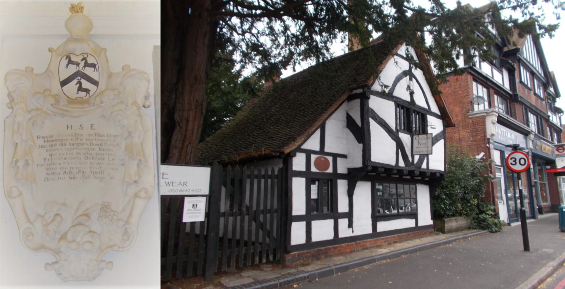 Two images in one. On the left a decorative white stone memorial, dedicated to Francis the younger. On the left, an image of a 16th century house in situ in the modern day high street.