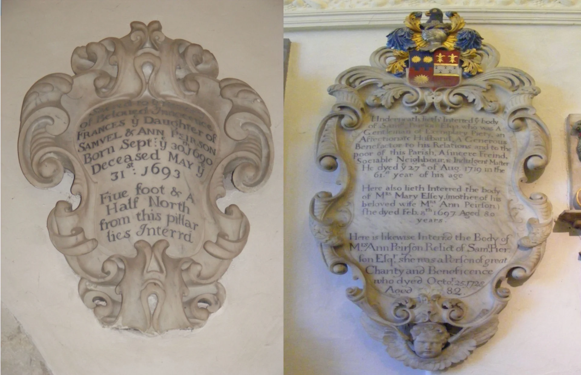 Two images in one. On the left a small white stoned memorial tablet, dedicated to Frances. On the right, a grander memorial on white stone, with a blue, gold, and red, painted cost of arms at the top, dedicated to Ann.