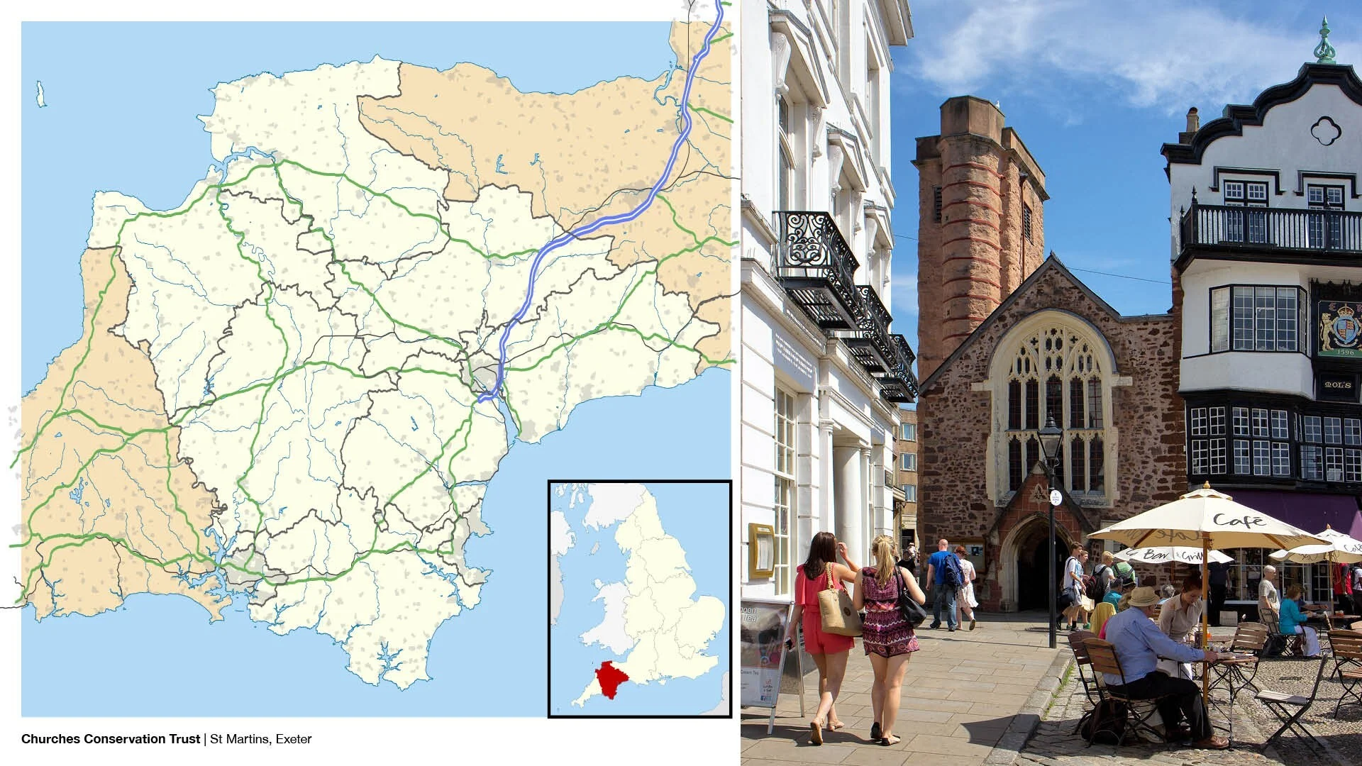 Exterior view of St Martin's Church with a map