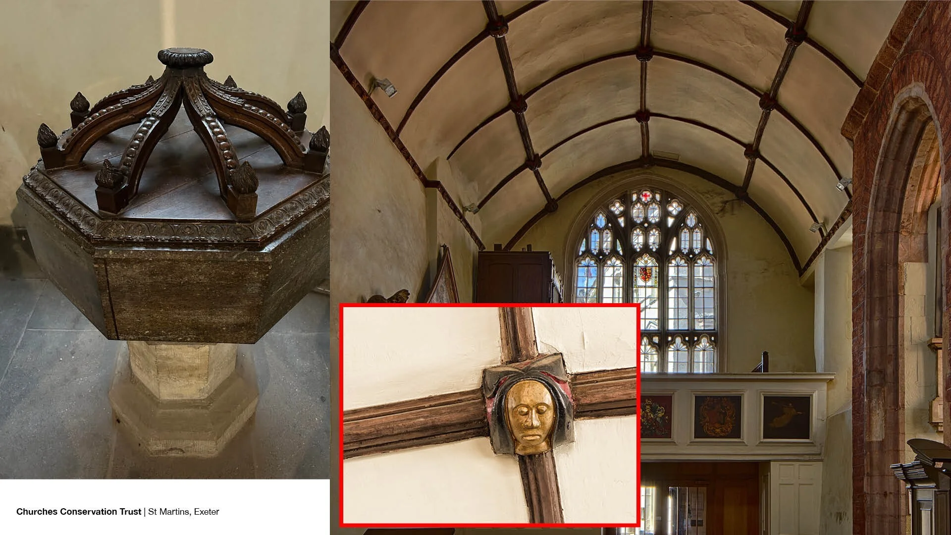 Exeter St Martins Interior with details of carved wood
