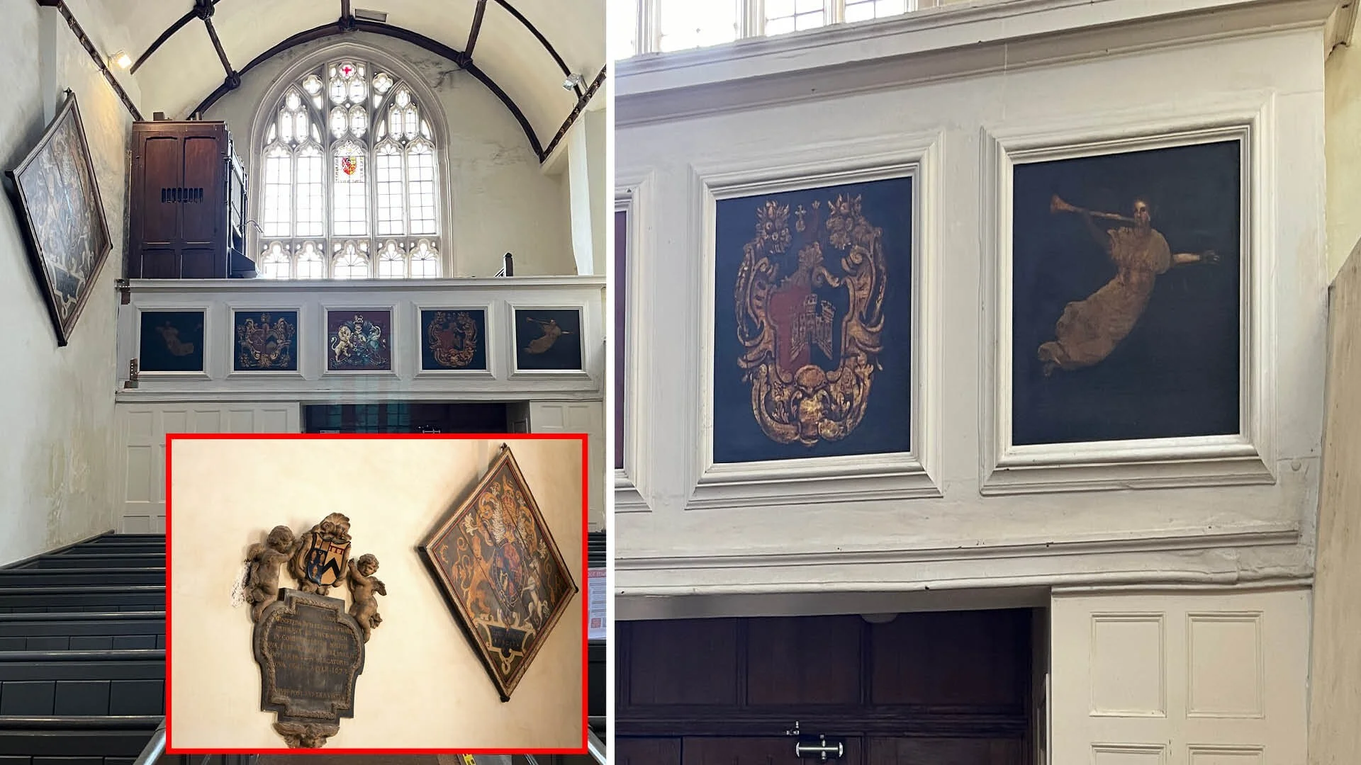 Exeter St Martin's church with furnishings adorning the walls