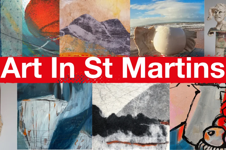 Banner showing various artists work reading 'Art in St Martins'