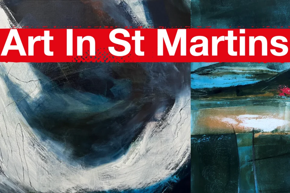 Banner showing twi painted works of art and text saying Art In St Martins