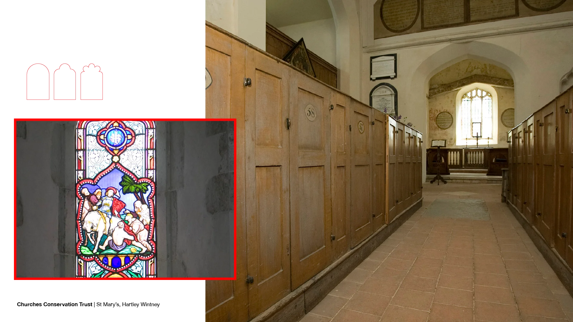 Close up of stained glass window showing man on horseback with a palm tree and kneeling figures