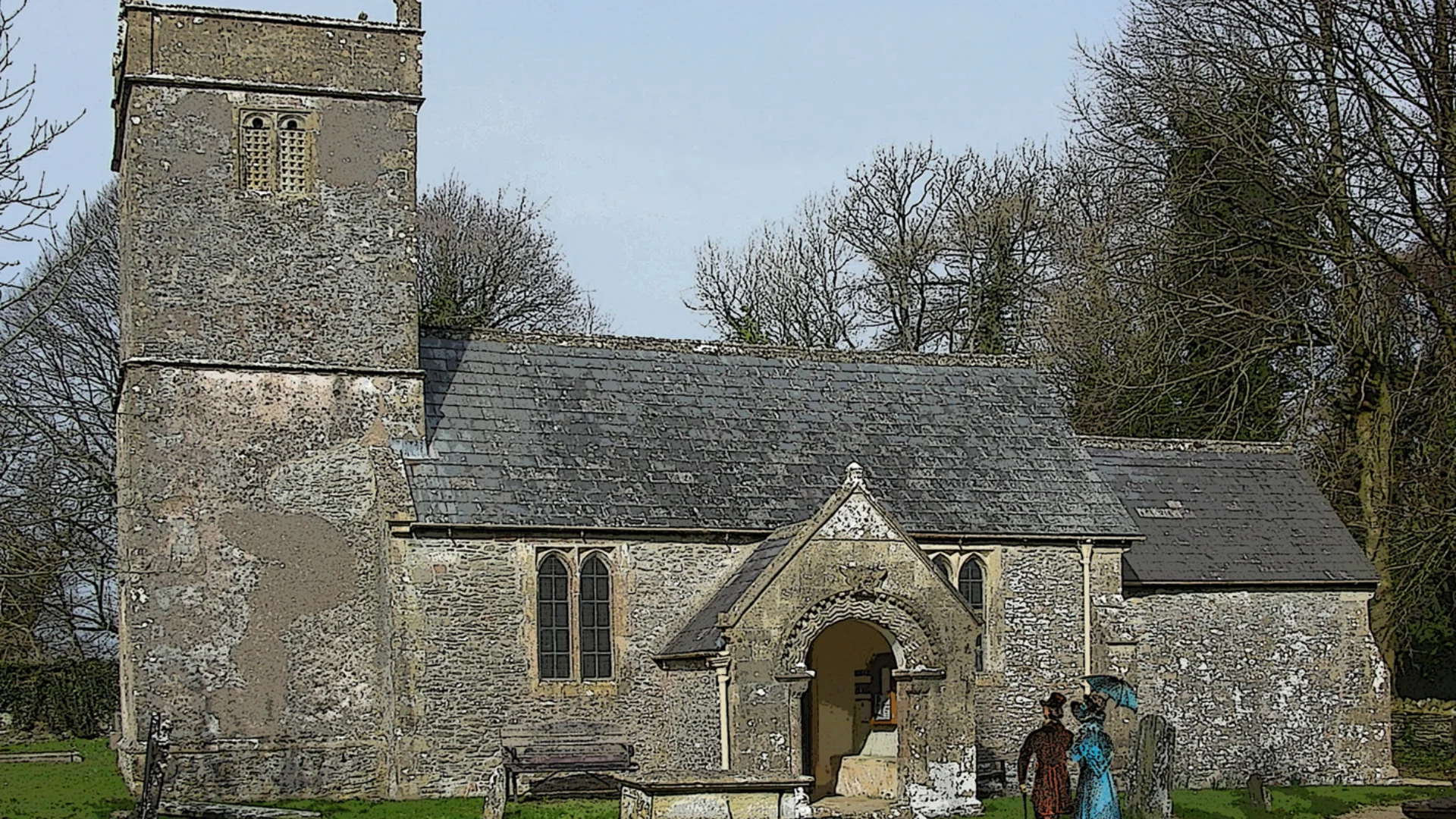 Stylised image of Holcombe Old Church showing two historic figures walking towards porch