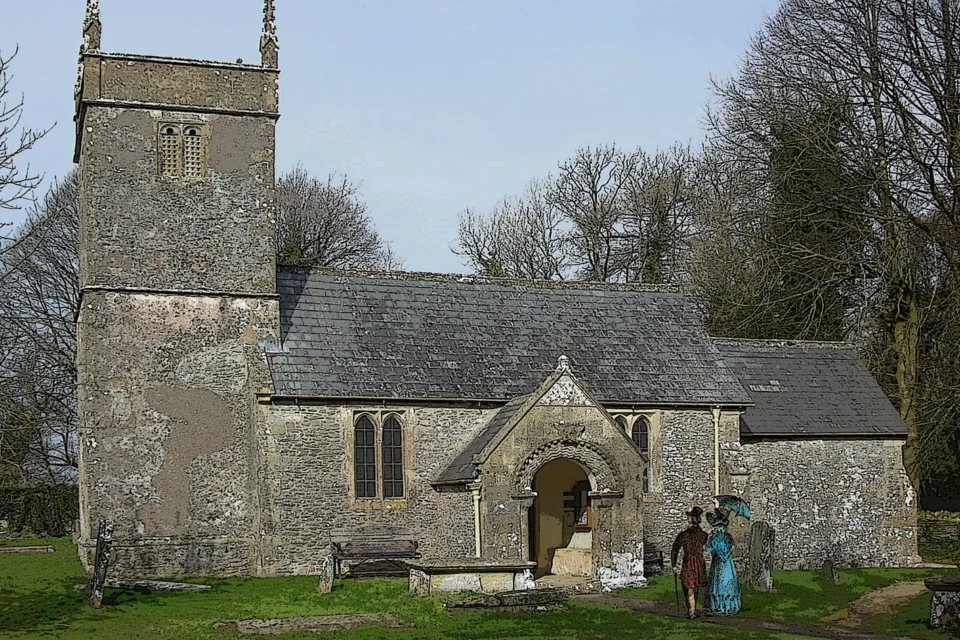 Stylised image of Holcombe Old Church showing two historic figures walking towards porch