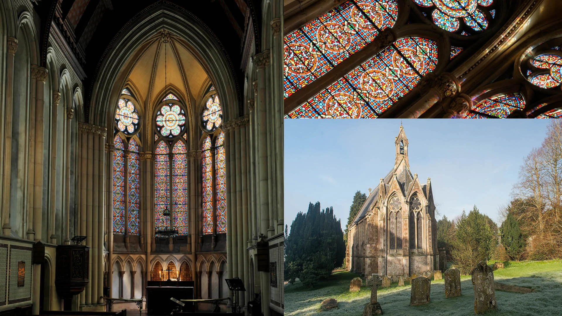 Church interior with ornate stained glass windows alongside exterior view and detailed glass patterns.