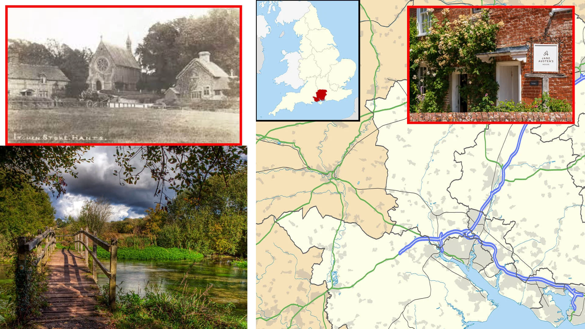 Collage of historic church photo, regional location map, riverside path, and a brick house with sign.
