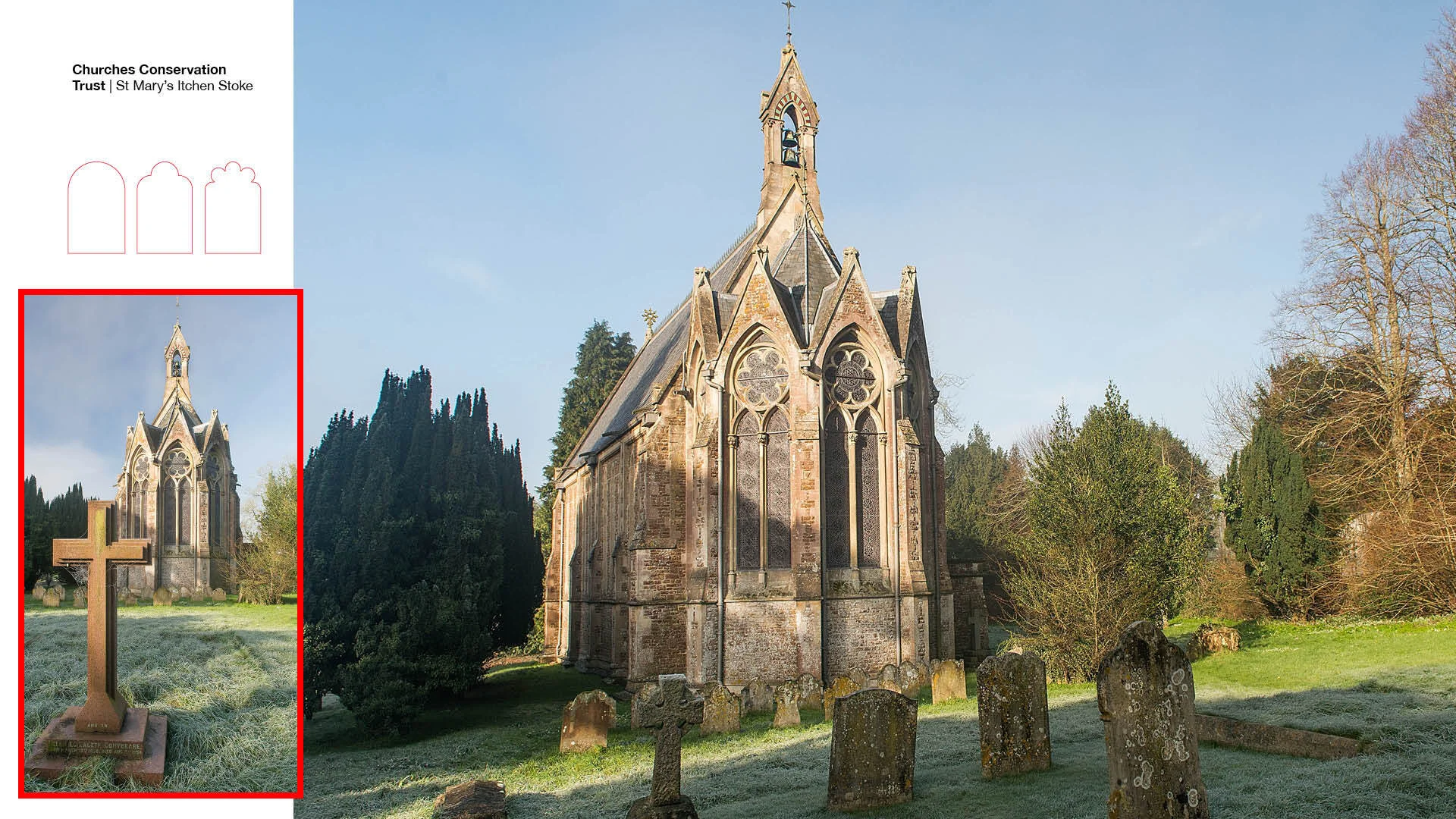 Gothic church exterior and close-up view with gravestones, set in a frosty churchyard under clear sky.
