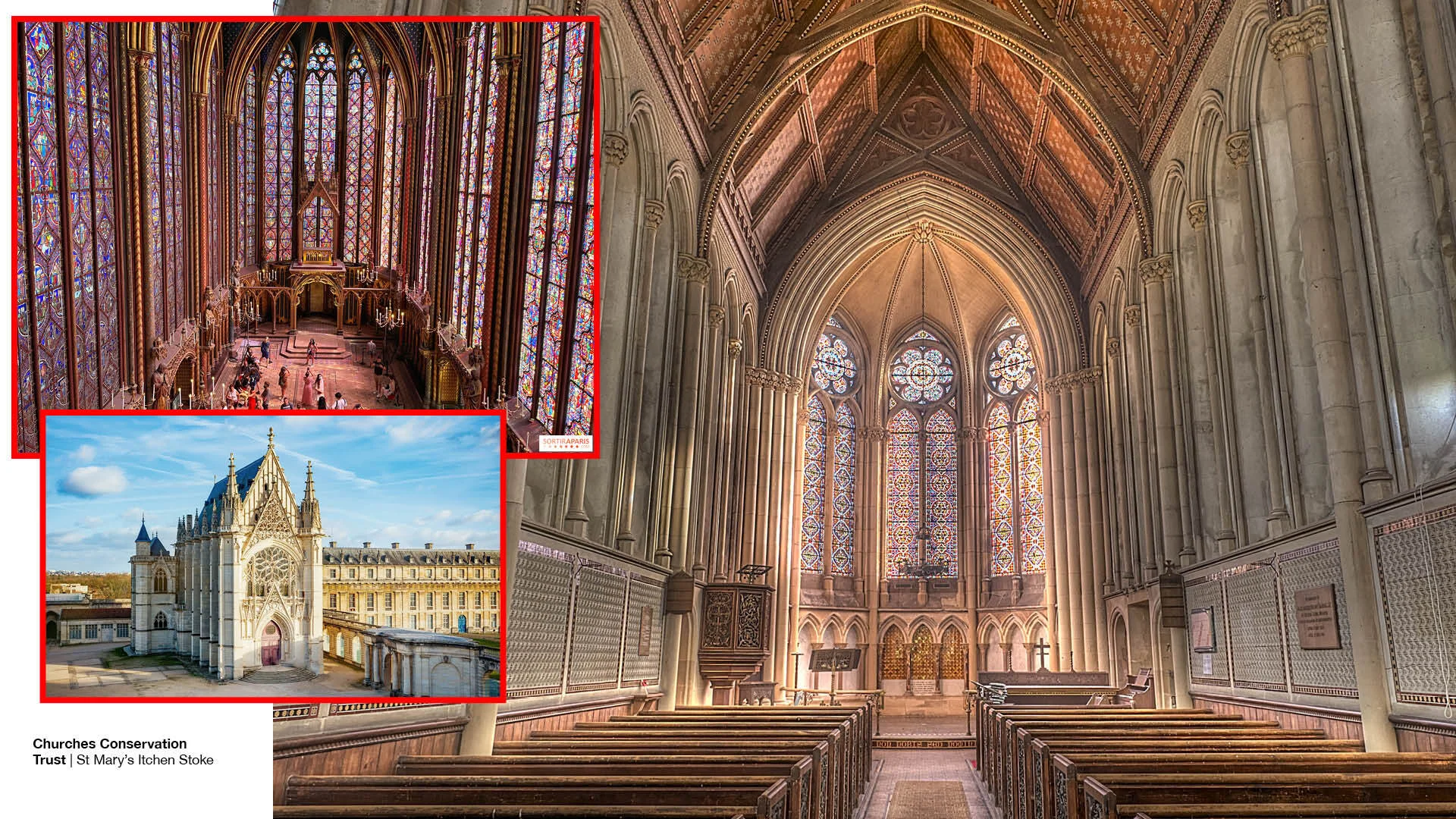 Wide church interior with tall stained glass windows, plus inset images of chapel and exterior Gothic building.