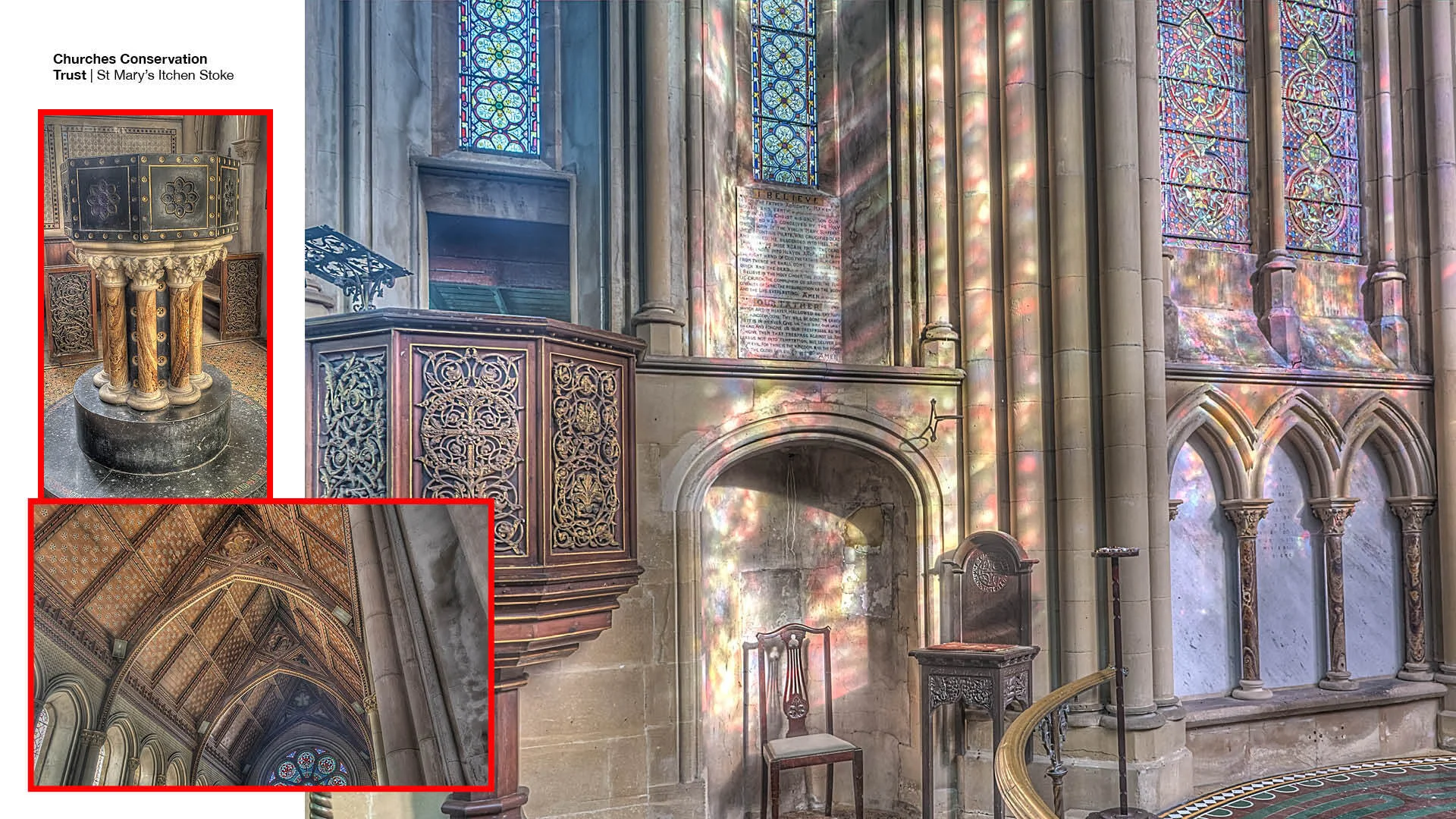 Church interior with carved pulpit, decorative font, wooden ceiling and coloured light from stained glass.