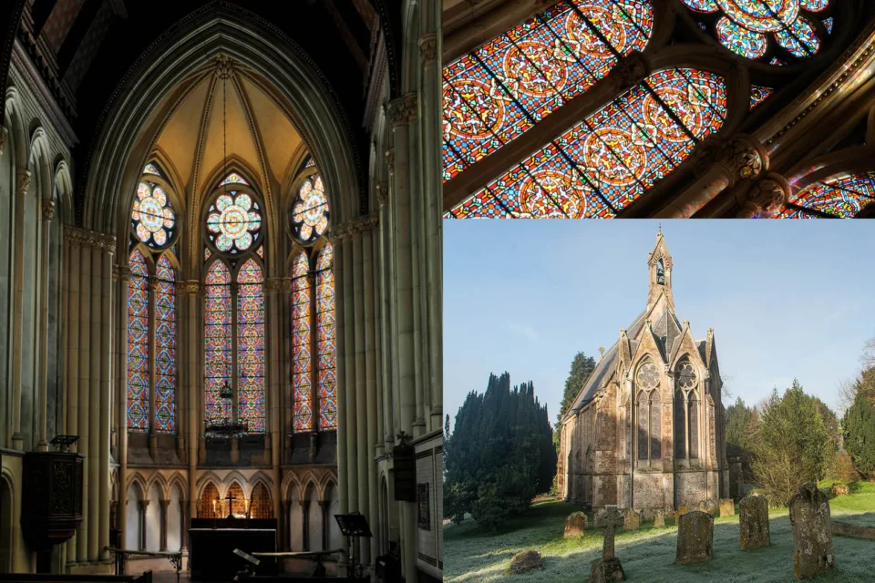Church interior with ornate stained glass windows alongside exterior view and detailed glass patterns.