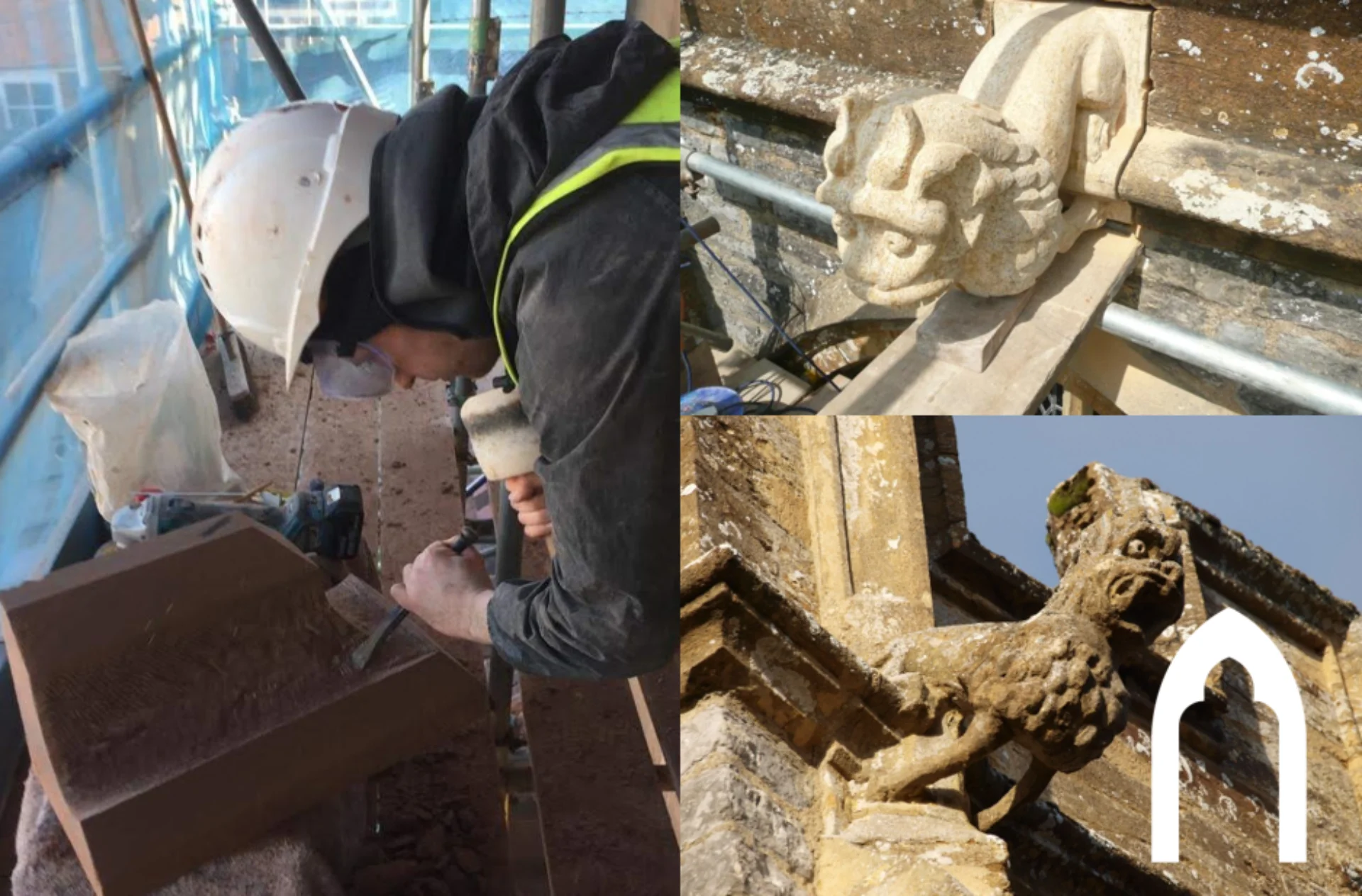Three images combined. On the left hand side is an image of a stone mason carefully carving dark brick on scaffolding. On right hand side are two images of groteseques.