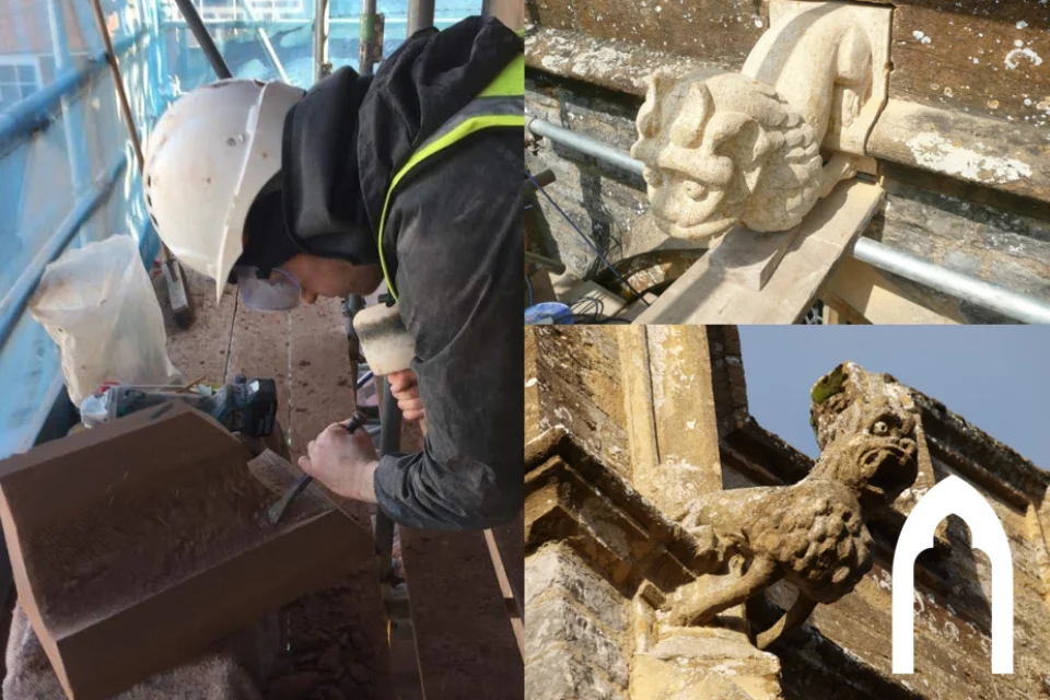 Three images combined. On the left hand side is an image of a stone mason carefully carving dark brick on scaffolding. On right hand side are two images of groteseques.