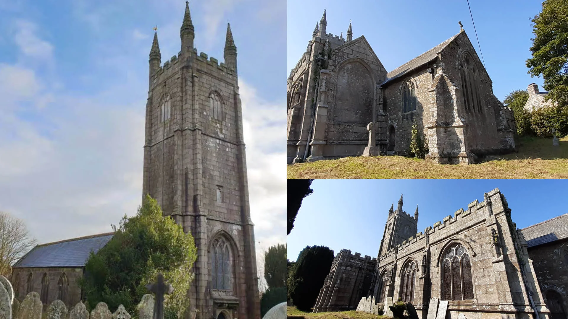 3 images of the exterior of St Torney's Church, highlighting the striking tall tower and large windows.