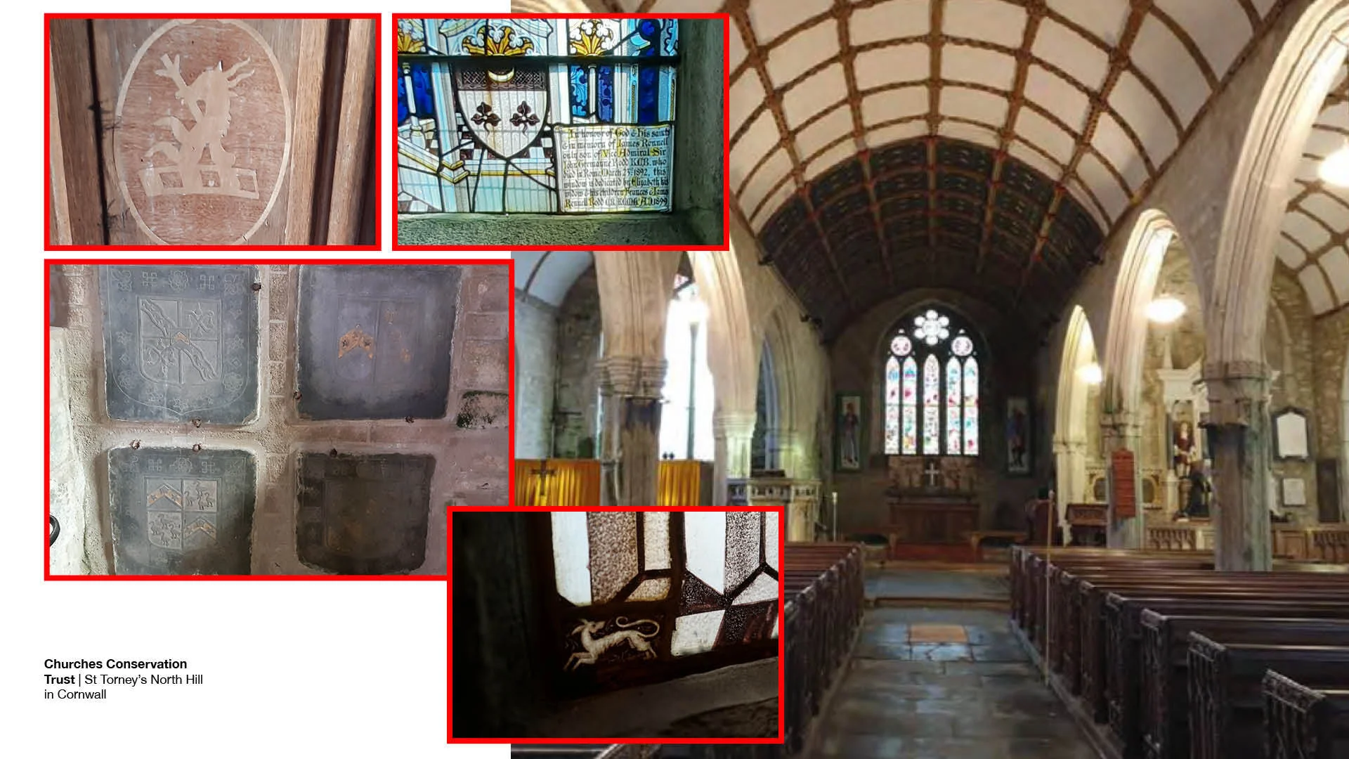 Multiple features of the interior of the church, including the Chancel ceiling, heraldry images within the windows.