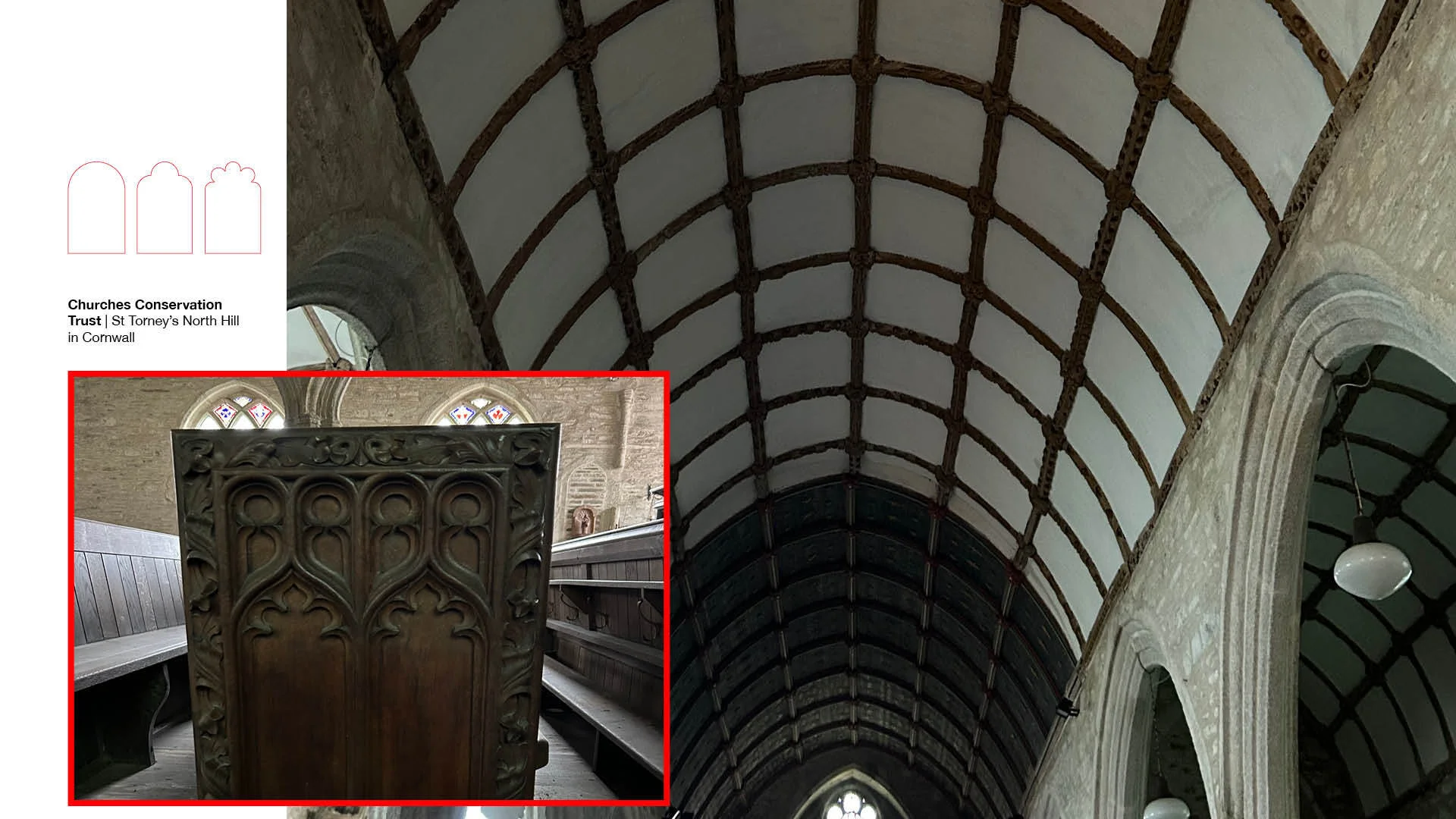 2 images showing the wagon roof and carved pews within the church.