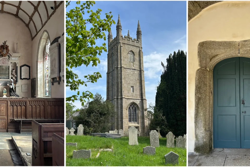 three photos showing a monument with two regal figures kneeling towards each other, external view of the church from across the churchyard and a freshly re-plastered cream porch with a double door in blue.