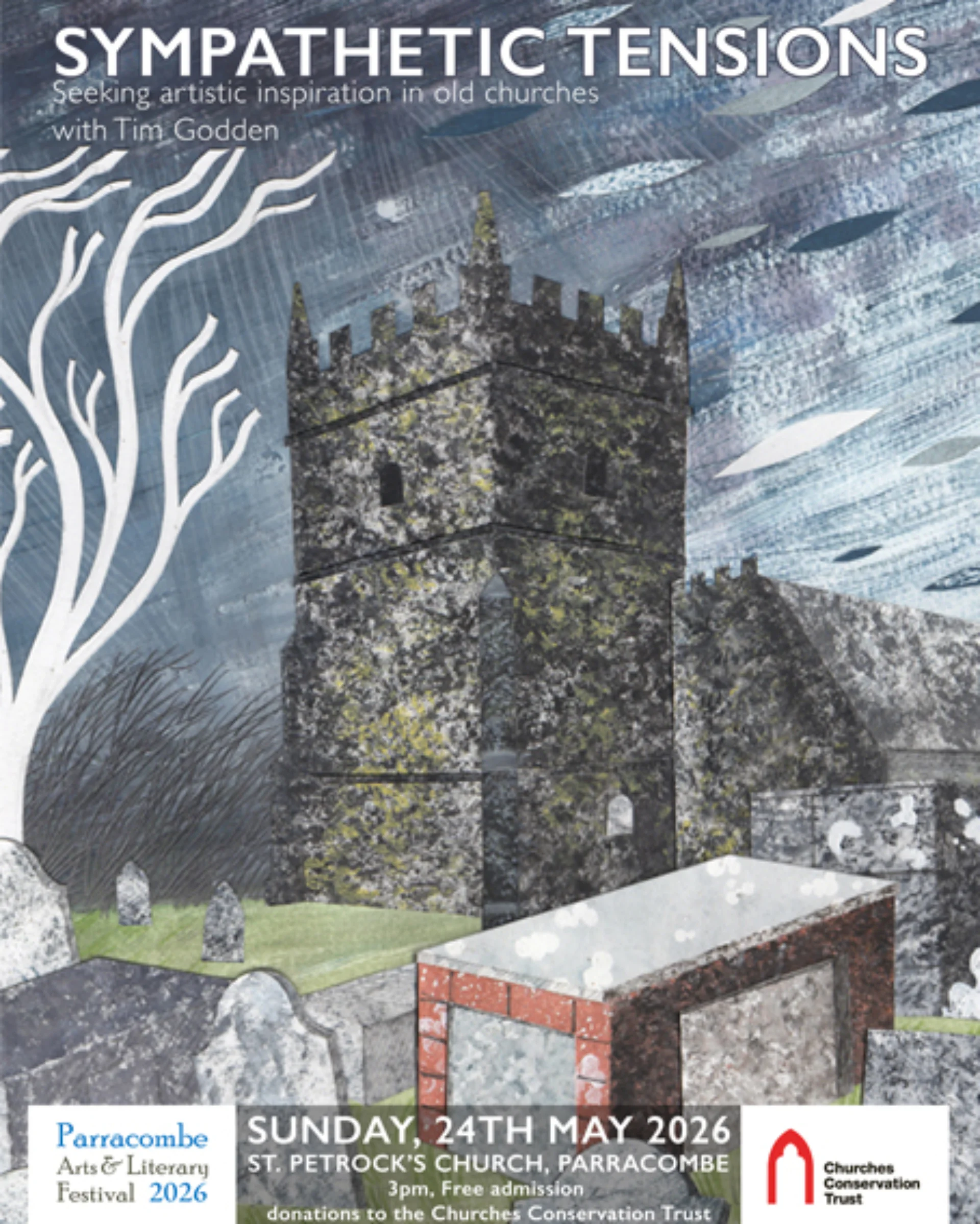 Post for a talk on 24th May 3pm by Tim Godden. Poster showing an artistic version of St Petrocks Church Parracombe