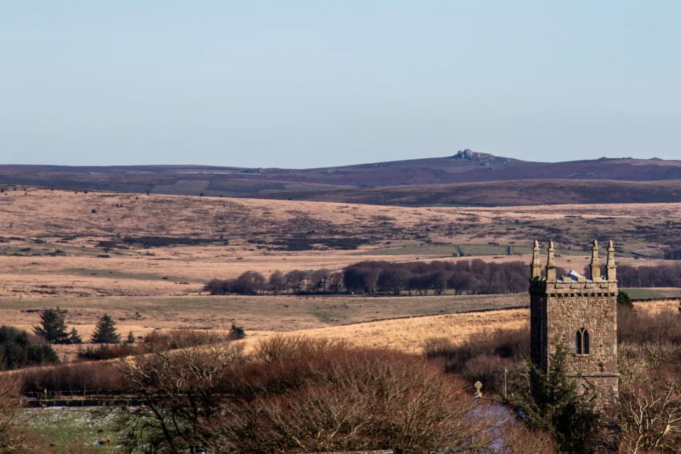 Princetown St Michaels with Dartmoor behind