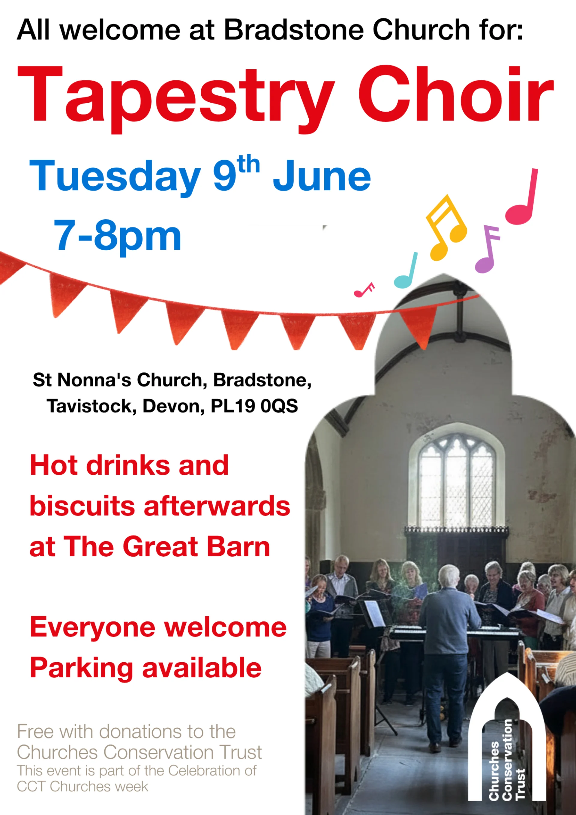 POster for Tapestry Choir performing at Bradstone St Nonnas showing choir. Tuesday 9th June 7pm