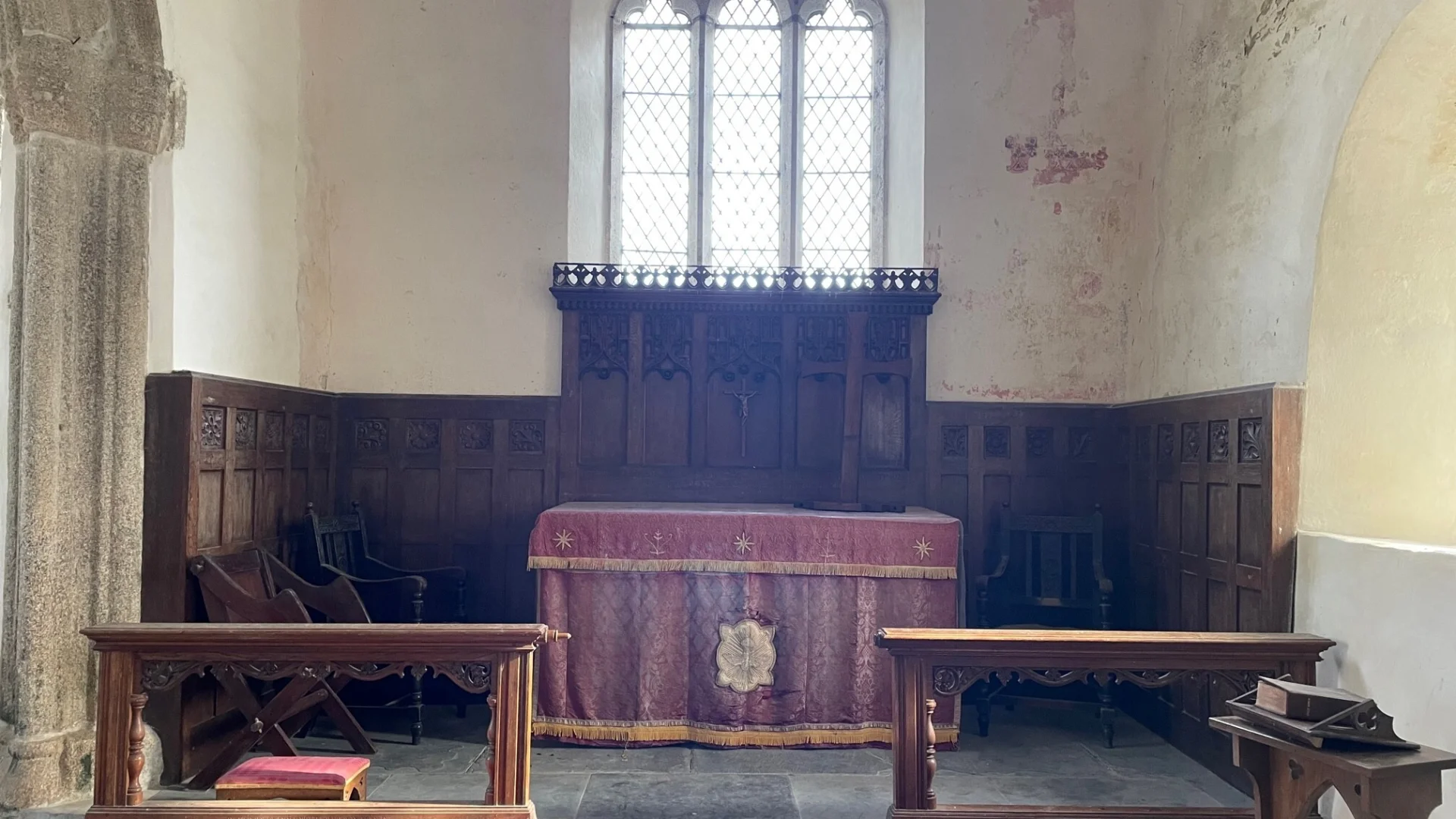 Bradstone Chancel showing altar in centre and altar rails to left and right