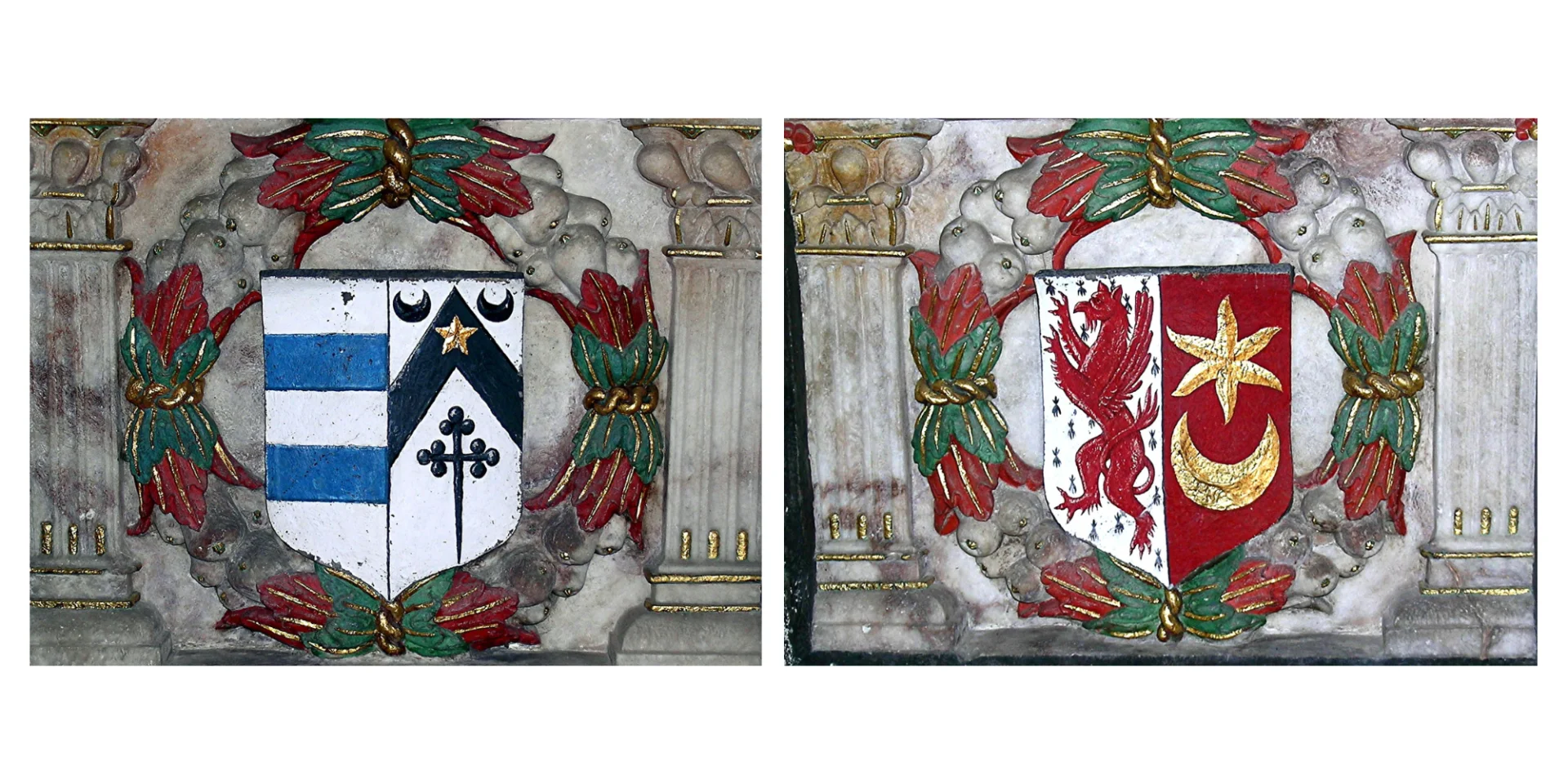 Two images side by side showing colourful coats of arms. On the left a coat of arms with two fields, one in white and blue horizontal stripes, one with a more complex pattern of two black half moons at the top, then a black chevron with a golden star in the middle underneath and a black cross with the side beams and top beams ending in trefoils at the bottom all on white ground. On the right a coat of arms split into two fields, one with a red griffin rampant on white ground and one with a golden star and moon on red ground.