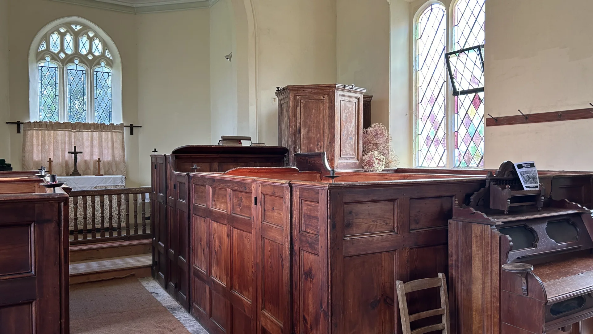 Sutton Mallet Church interior view showing pulpit and chancel