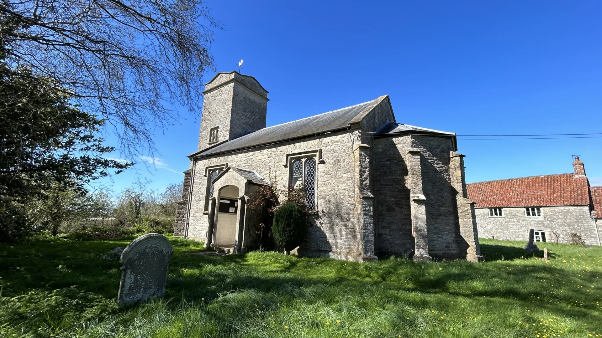 Sutton Mallet Church with blue sky above