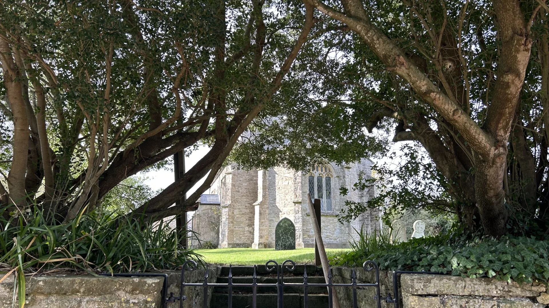 Sutton Mallet Church approach up steps between trees