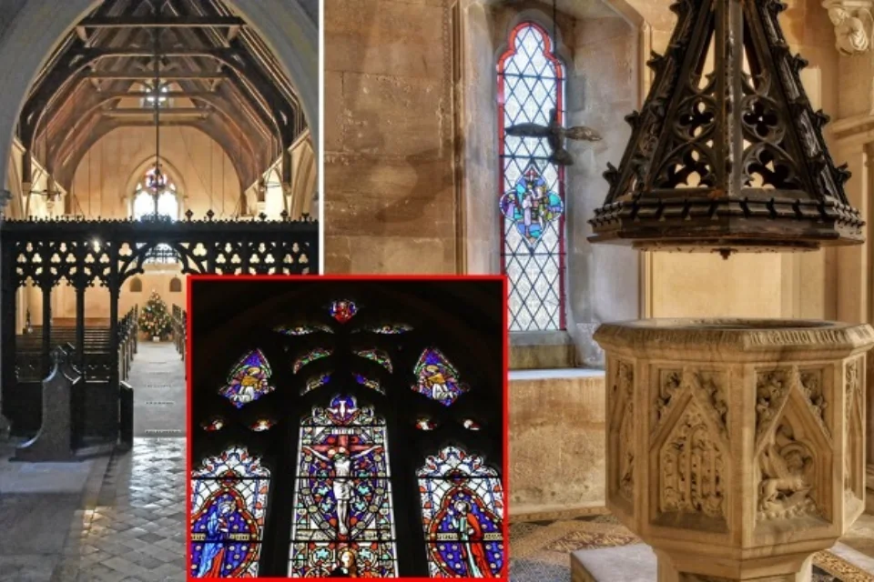 Three photos of the interior of the church. One showing the wooden decorative screen, another an upwards angle of the multi-coloured stained glass window, and the final shows the stone font.