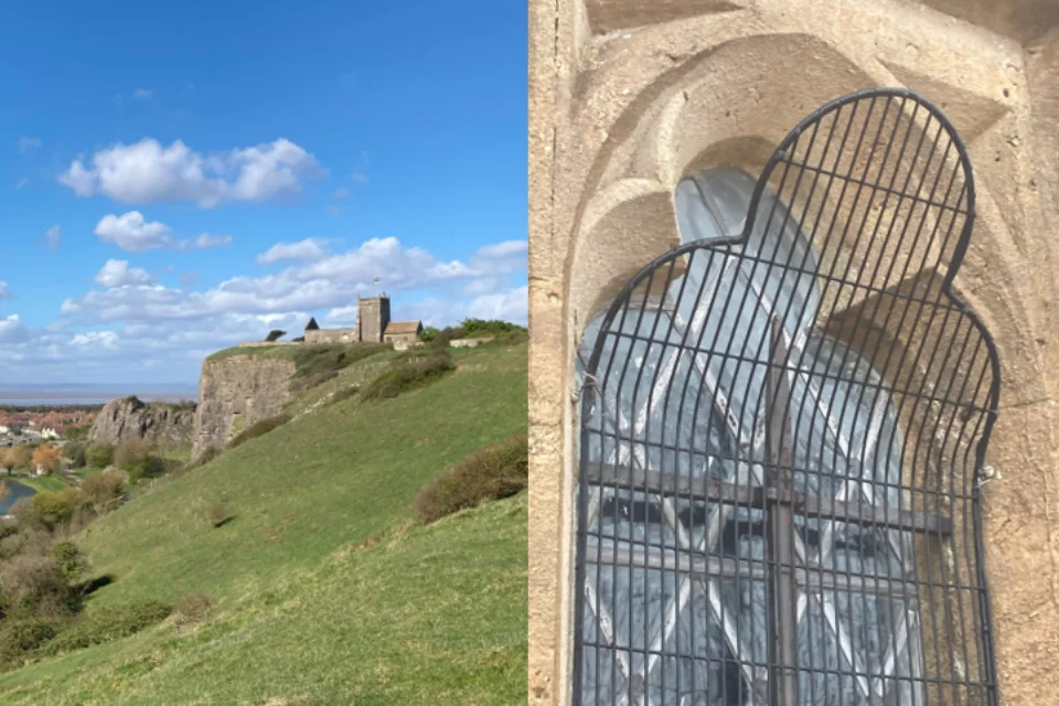 Two images, the left hand side shows a sunny view with St Nicholas' church on the hill side. On the right, is a photo of a church window with the protective grating bent.