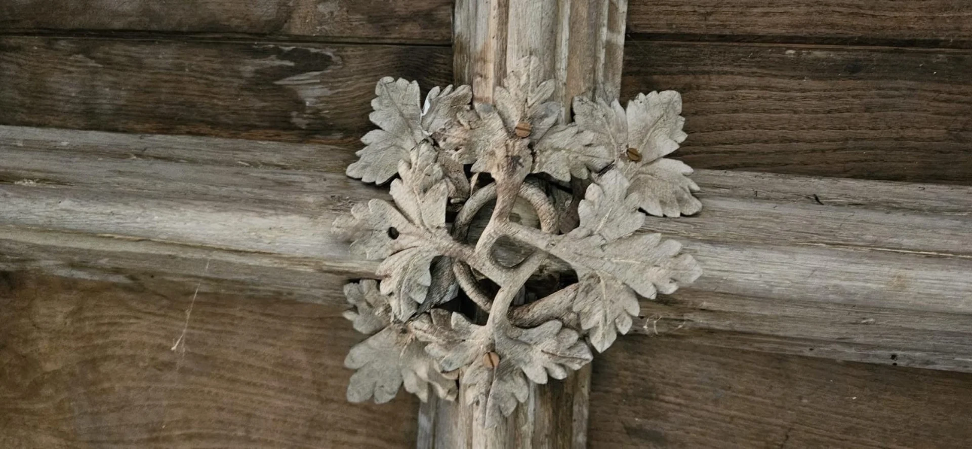 Close up image of wooden ceiling with delicately carved vine leaves in a roundel shape