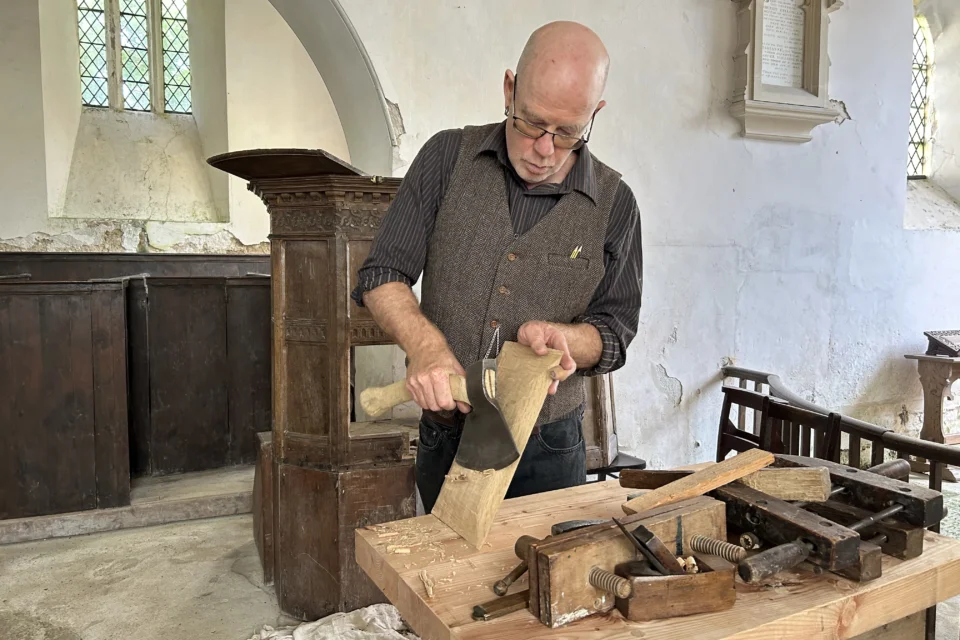 Heritage skills in action to conserve 17th century pulpit at The Church, West Ogwell.