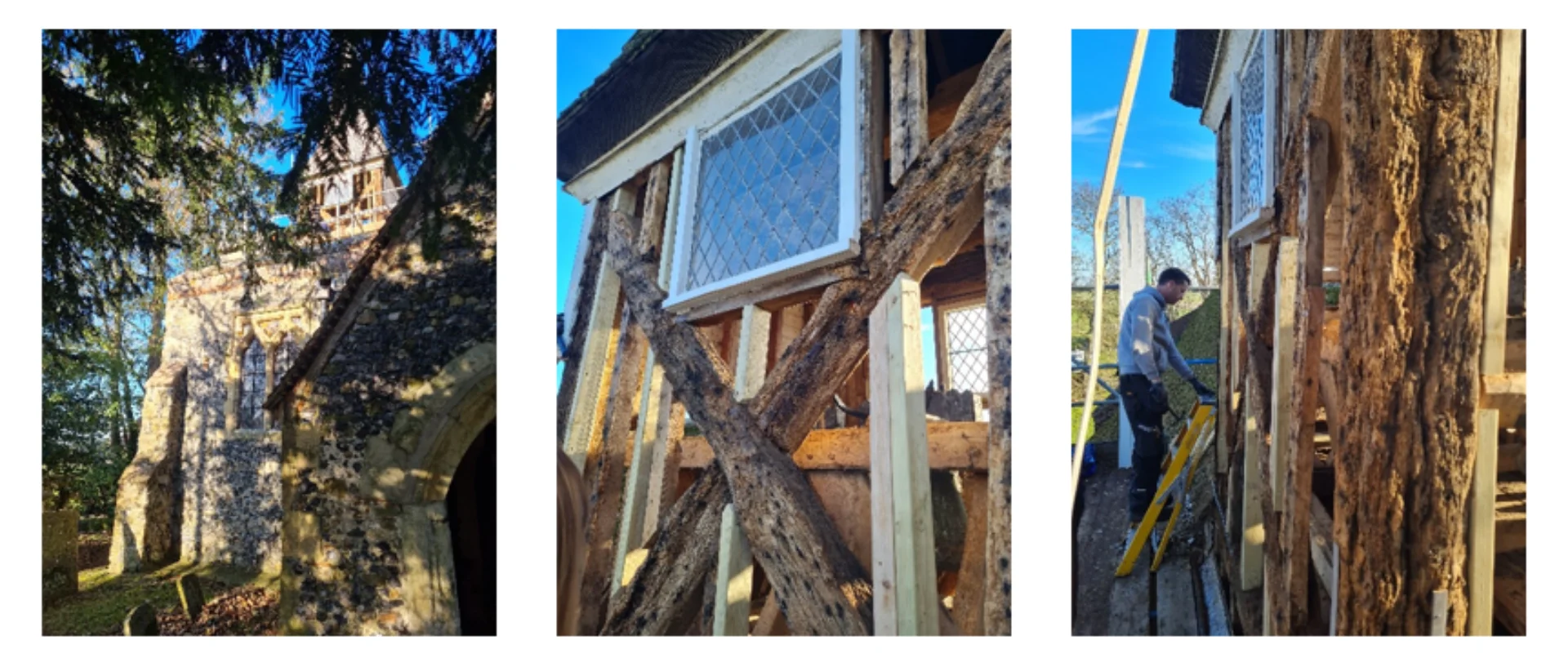 Three photos of Bull Turret repairs at W. Stourmouth. The approach to the church, and two close ups of the conservation.