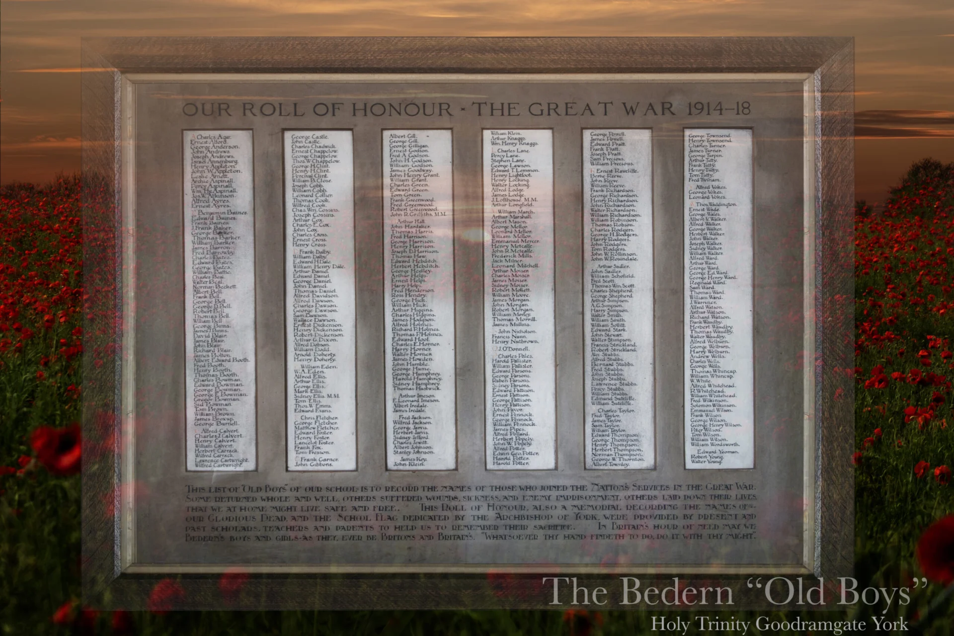 Bedern board at Holy Trinity, York with 'The Bedern "Old Boys" written on the bottom and a faint poppy overlay.