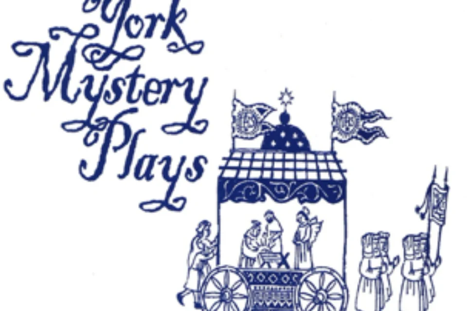 Blue cursive writing reads York Mystery Plays next to an image of a waggon with actors in blue on a white background