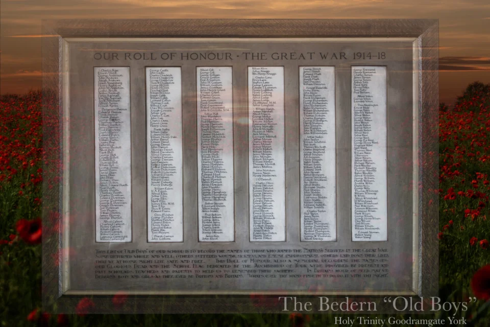 Bedern board at Holy Trinity, York with 'The Bedern "Old Boys" written on the bottom and a faint poppy overlay.