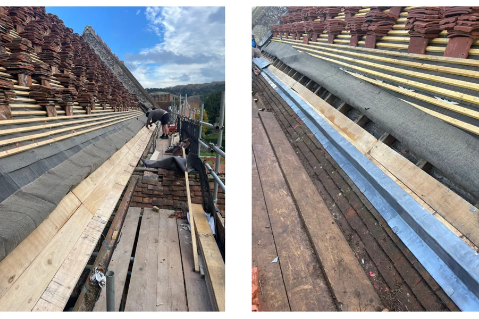 Dual photos of the roof of Lower Basildon, part way through its repairs. Both depicting its exposed roof and tiles.