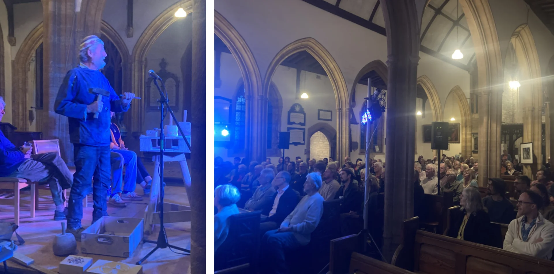 Two images combined into one. On the left, a photo of a guest speaker demonstrating his stone mason craft at the front of the crowd, with a blue spotlight on him. On the right, a photo of a busy church, with the guests seated, facing the stage.