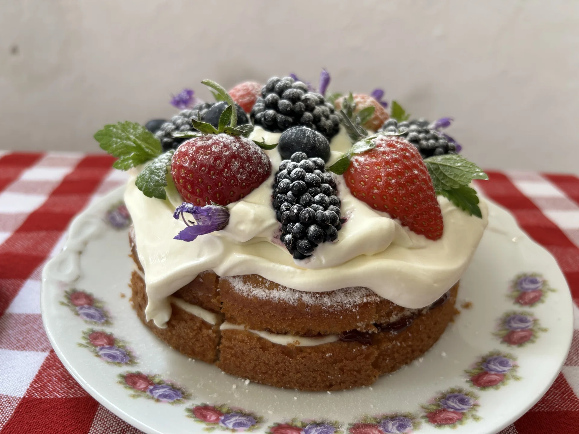 On top of a red and white gingham tablecloth sits a sponge cake, decorated with cream and berries.