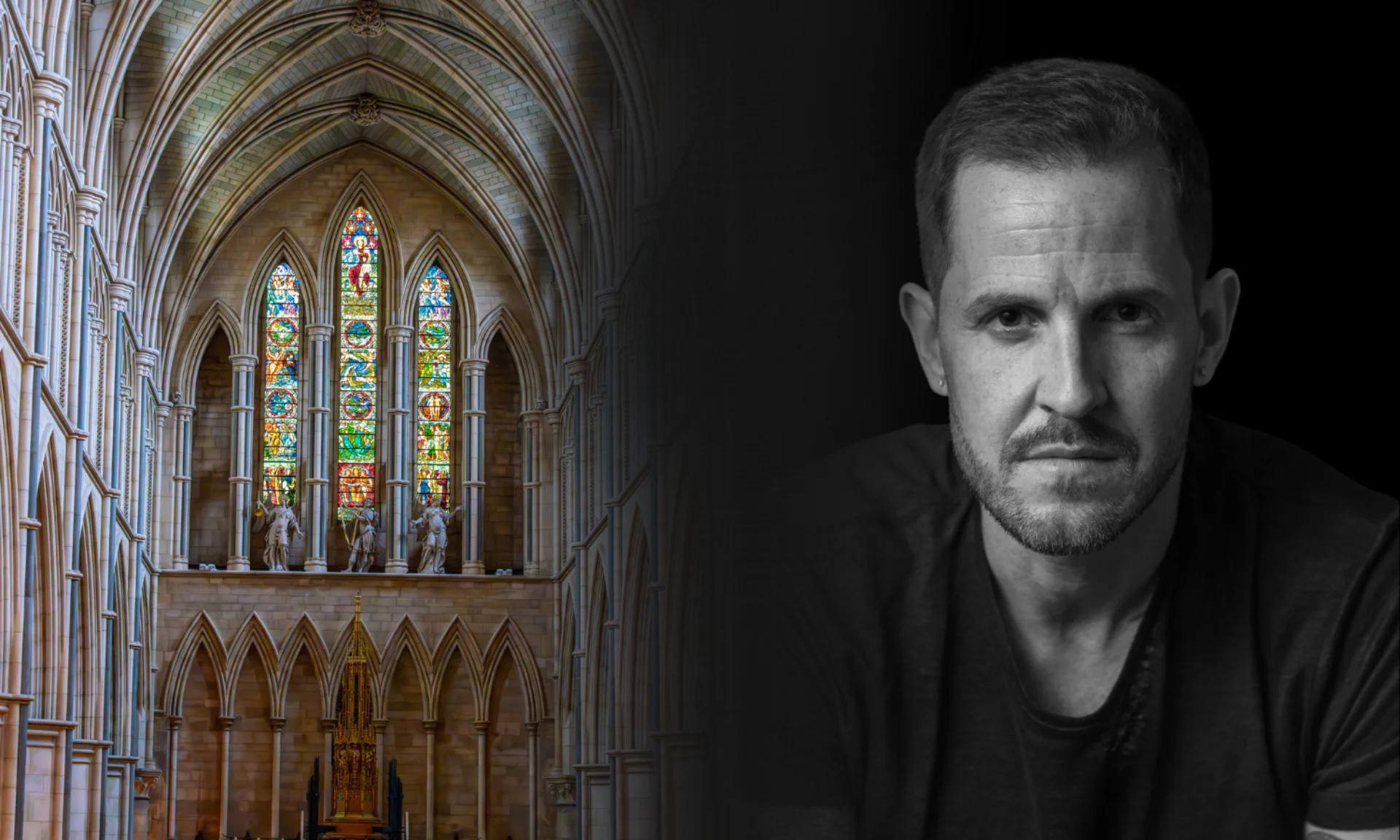 first image is the inside of a beautiful cathedral (West Window), with the camera pointing up the isle towards and multi coloured window., arches frame the left and right of the shot. There is also a black and white mage of a man with tatoos, staring directly at the camera.