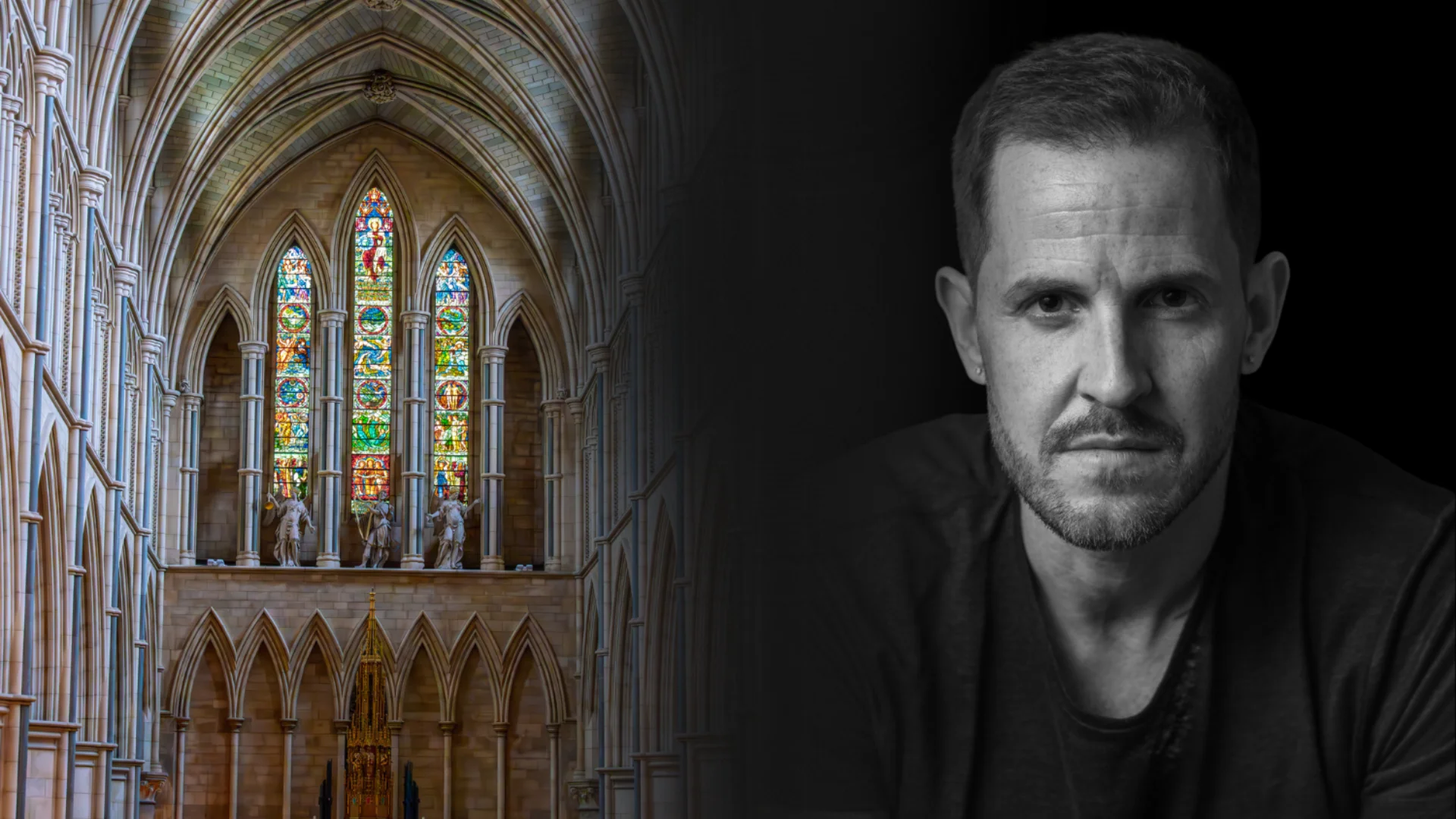 first image is the inside of a beautiful cathedral (West Window), with the camera pointing up the isle towards and multi coloured window., arches frame the left and right of the shot. There is also a black and white mage of a man with tatoos, staring directly at the camera.