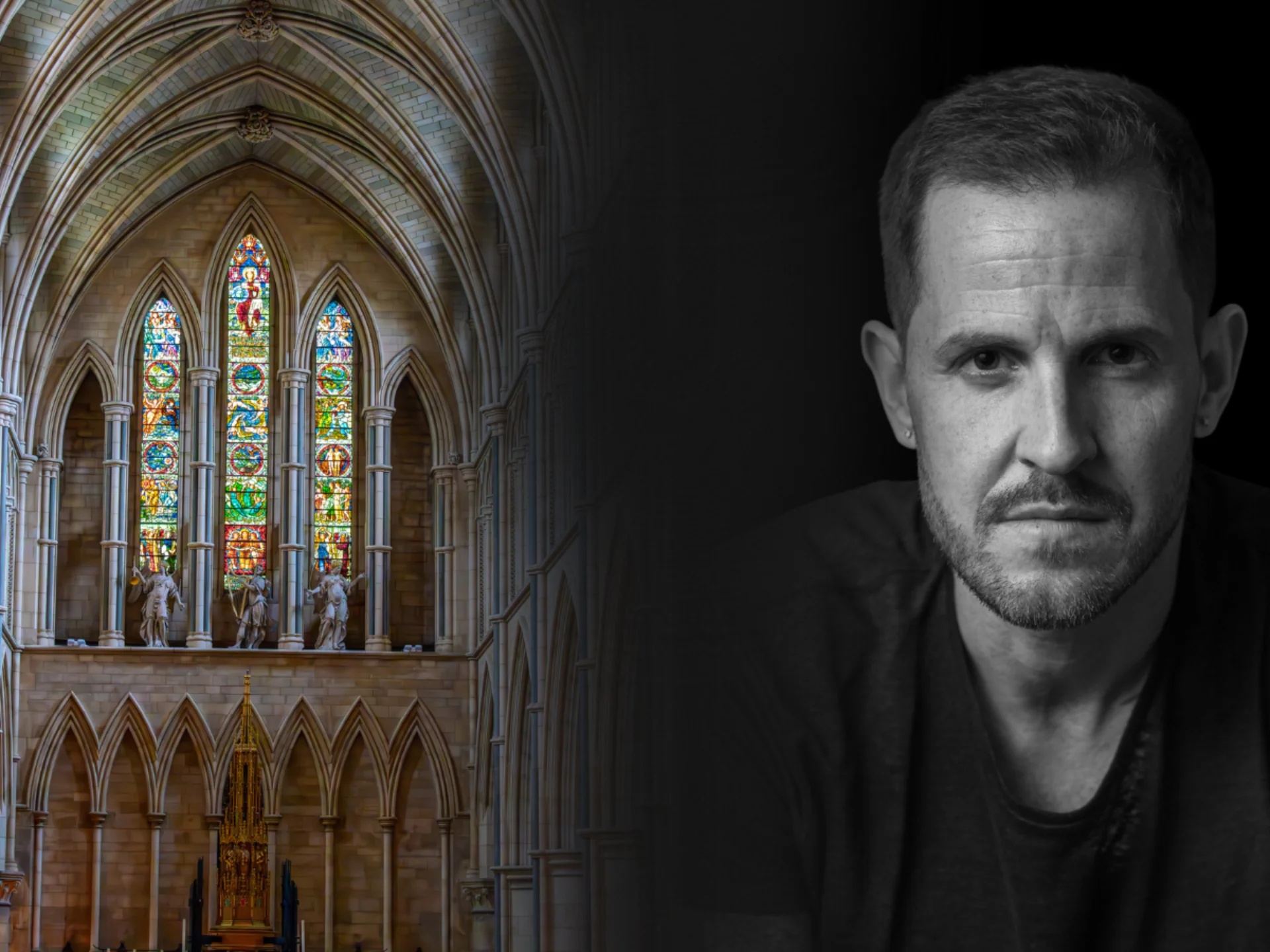 first image is the inside of a beautiful cathedral (West Window), with the camera pointing up the isle towards and multi coloured window., arches frame the left and right of the shot. There is also a black and white mage of a man with tatoos, staring directly at the camera.